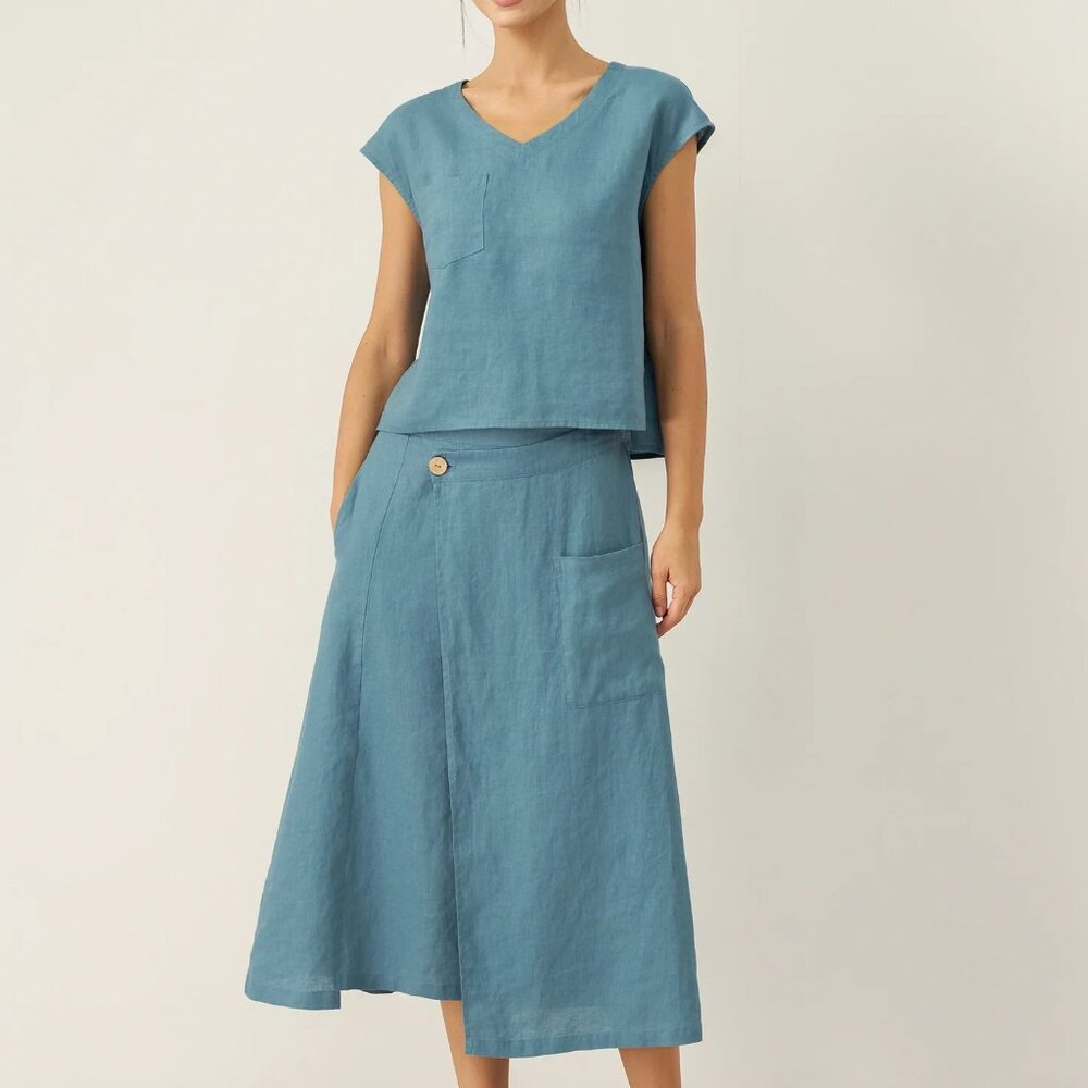 NWT Lintico Linen V-Neck Cap Sleeve Crop Top FRESSA